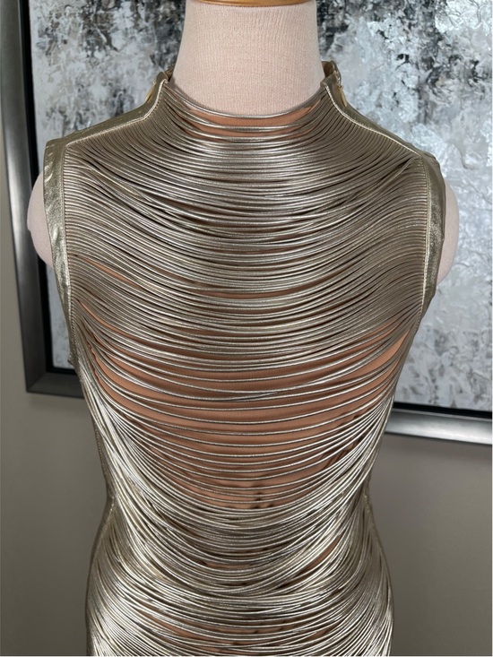 CULT GAIA Heidi Metallic Leather Draped Fringe Gold Midi Dress Size Medium - Picture 4 of 10